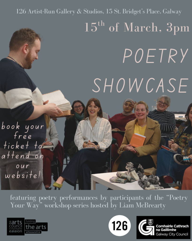 This image contains a man performing poetry to a group of people. The text reads "15th of March, 3pm: Poetry Your Way"